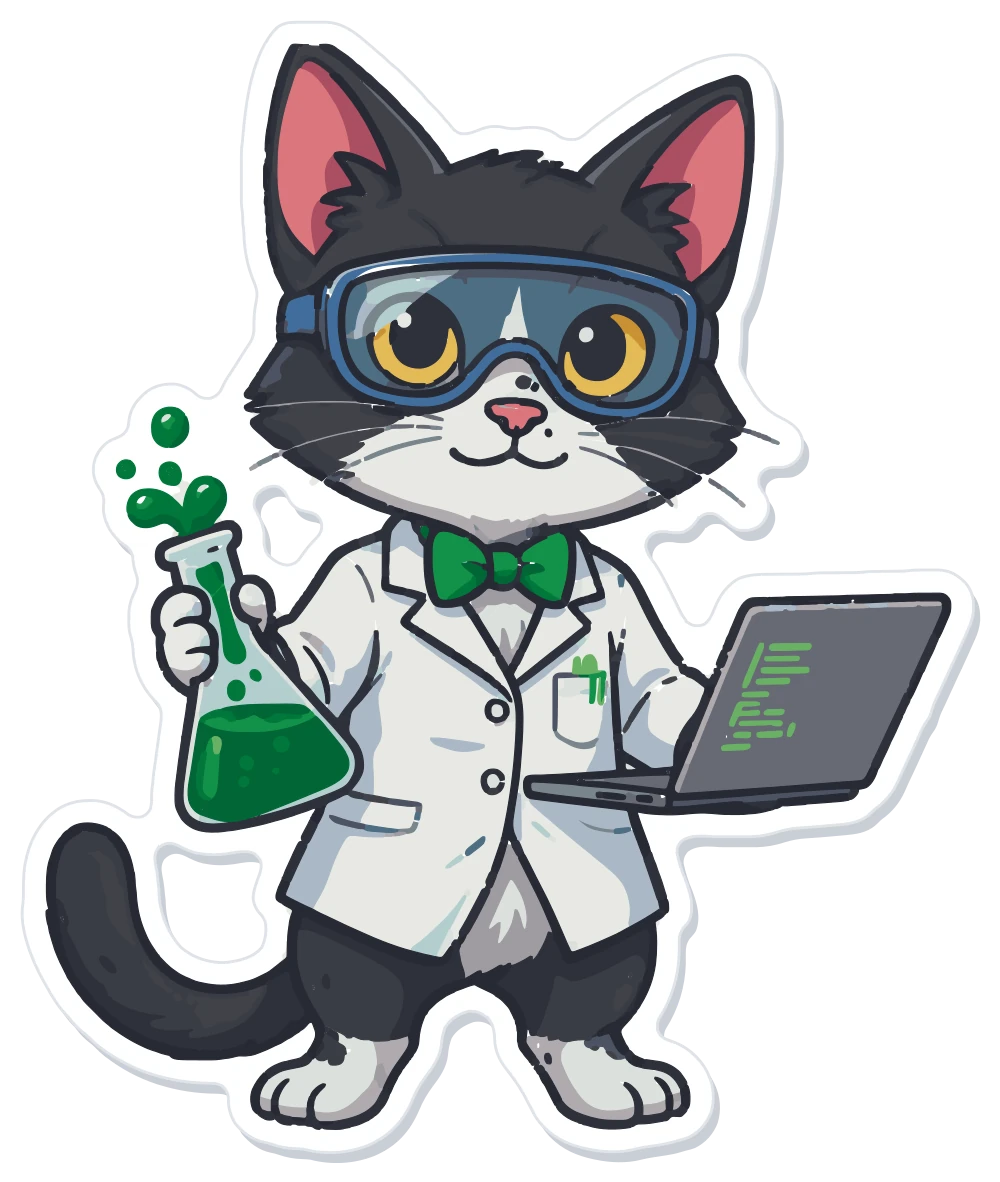 Charlie, o gato frajola cientista da M2 Lab, de jaleco e óculos de proteção, segurando um frasco verde e um notebook