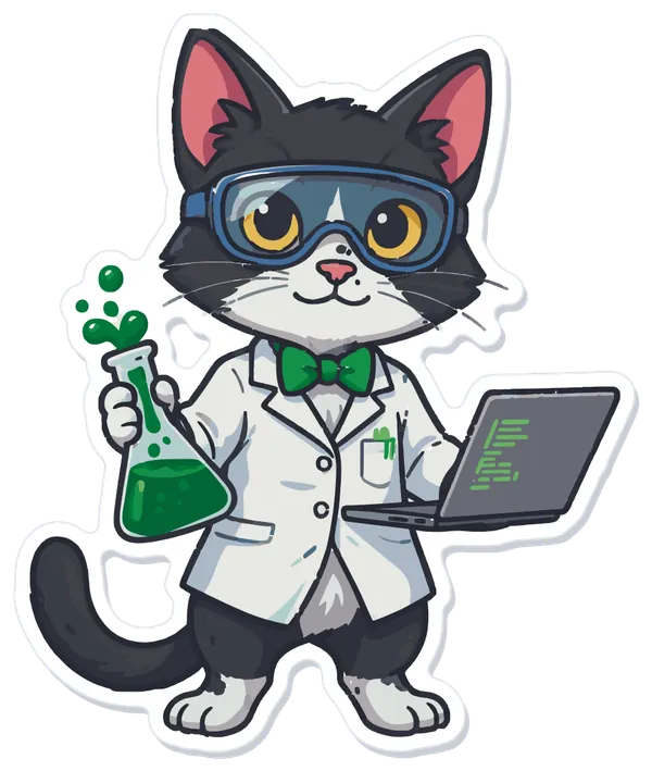 Charlie, o gatinho frajola da M2 Lab, de jaleco de cientista